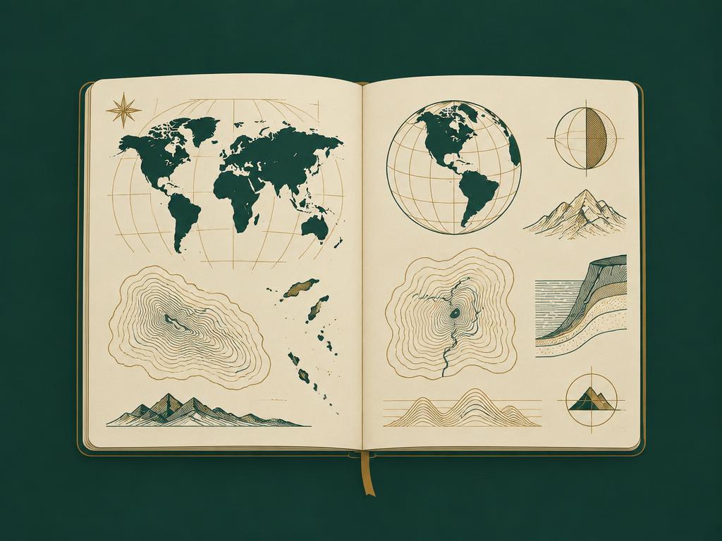 Caderno com mapas e diagramas de geografia