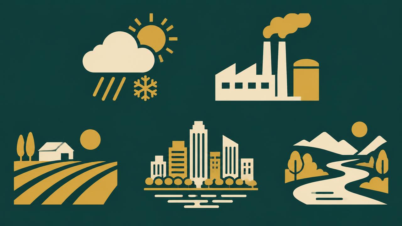Ícones de clima, indústria, campo, cidade e rio representando temas de geografia