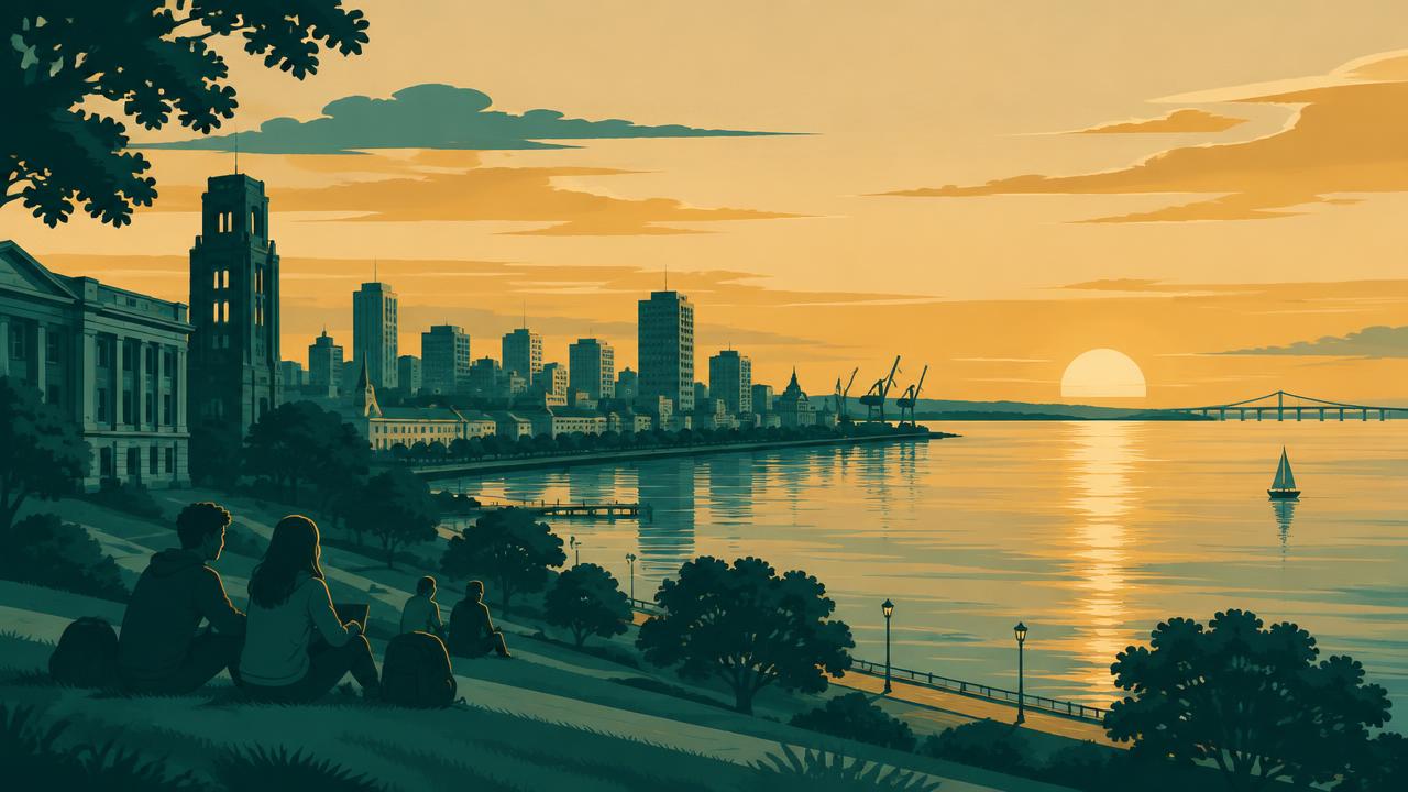 Ilustração da orla de Porto Alegre ao pôr do sol com estudantes no gramado